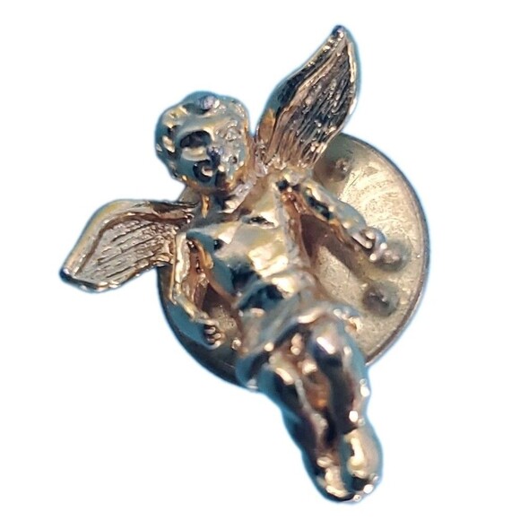 Monogram Inital E Angel Brooch  Gold Tone Cherub Religious Lapel Pin Letter - Picture 3 of 6